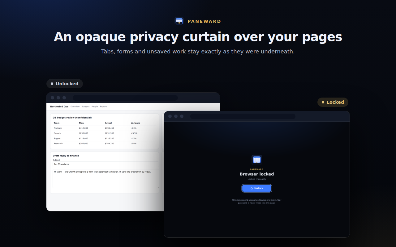 A web page shown unlocked, and the same page covered by the Paneward privacy curtain with an Unlock button.