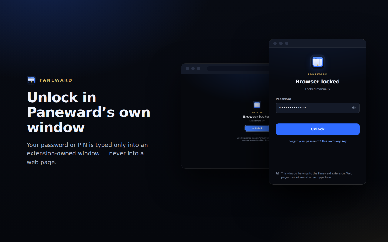 The Paneward unlock window, a separate extension window with a password field, shown over a locked page.